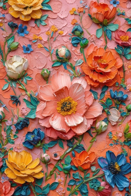 AI generativa Pittura a olio di fiori primaverili su tela Bellissimi fiori astratti e colorati