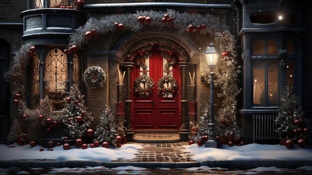 AI generativa Porta d'ingresso con decorazione natalizia ghirlanda e ghirlanda Colori rossi e grigi