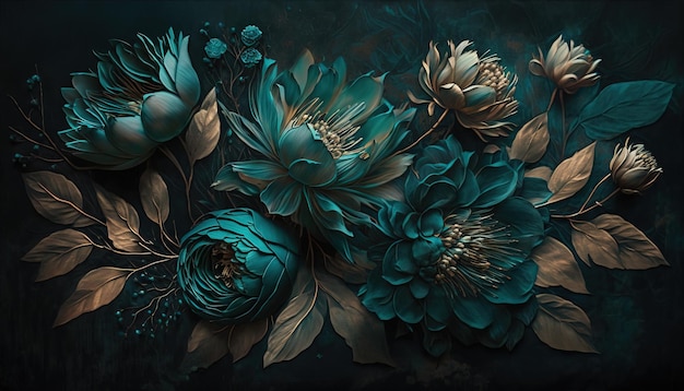 AI generativa Primo piano di aiuole fiorite di incredibili fiori di teal su moody scuro