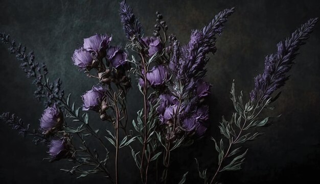 AI generativa Primo piano di aiuole fiorite di incredibili fiori viola lavanda su moody scuro