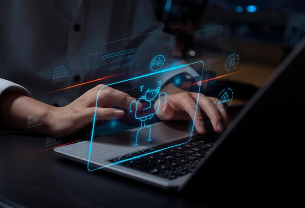 AI generativa Risposta Imprenditore che utilizza l'AI per generare qualcosa Assistente portatile di supporto ai clienti