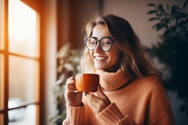 AI generativa Ritratto di una giovane donna allegra che gusta una tazza di caffè a casa Ragazza carina sorridente