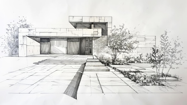 AI generativa Schizzo architettonico contemporaneo con matita e marcatori della facciata di una casa