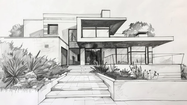 AI generativa Schizzo architettonico contemporaneo con matita e marcatori della facciata di una casa
