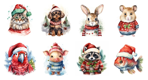 AI generativa simpatici animali domestici diversi in cappelli di Natale e brutti maglioni in stile acquerello