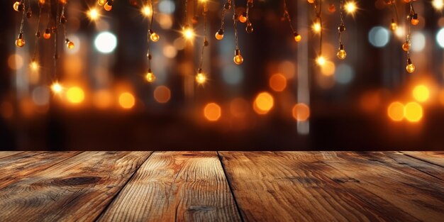 AI generativa Tavolo vuoto in legno con luci sfocate sullo sfondo del bokeh