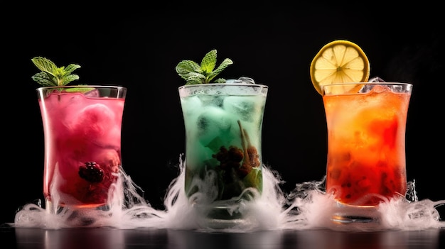 AI generativa tre diversi cocktail luminosi bicchieri sullo sfondo scuro del bar