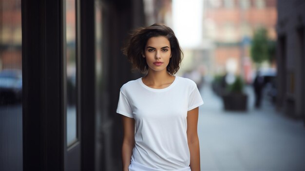 AI generativa Tshirt bianca realistica che simula uno spazio vuoto messo sullo spazio della copia di una giovane donna carina