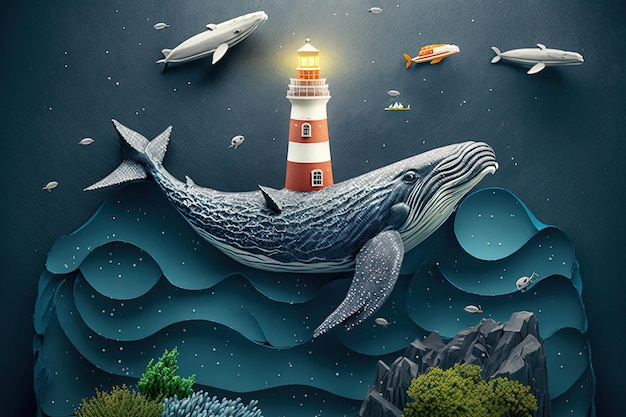 AI generativa un'arte di carta vista dall'alto di fari e balene sul mare soleggiato Perfetto per il tuo progetto trama blog regalo carta da imballaggio e ambiente