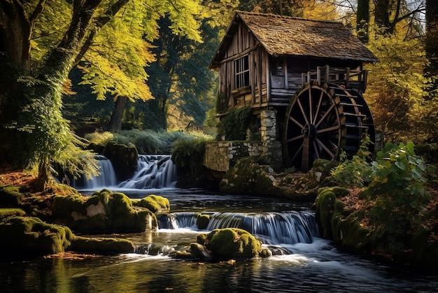 AI generativa un mulino ad acqua su un fiume in montagna