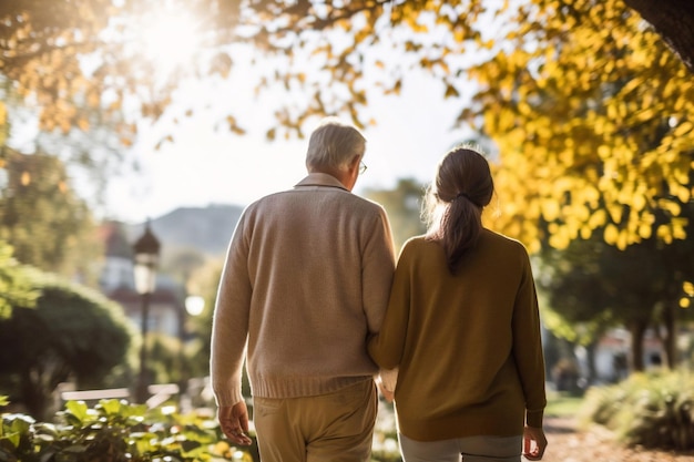 AI generativa Una donna e un padre anziano camminano e si legano nell'abbraccio della natura