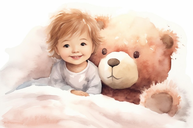AI generativa Una ragazzina carina che abbraccia l'orsacchiotto che dorme giace in un letto accogliente Acquerello su briciolo