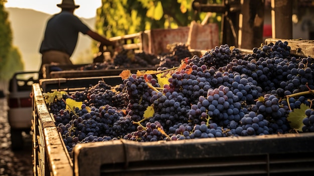 AI generativa Uva fresca durante la vendemmia di un camion in un vigneto