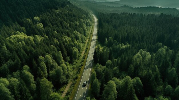 AI generativa Vista aerea della strada tra il paesaggio verde della foresta verde