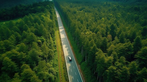 AI generativa Vista aerea della strada tra il paesaggio verde della foresta verde