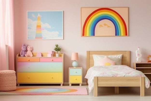 AI generativa Vista frontale dell'interno della stanza di un bambino con un tavolo, scaffali con scatole e si arcobaleno