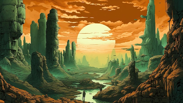 AI generativa Vista surreale dall'illustrazione di fantascienza del paesaggio del pianeta arancione e verde marziano rosso