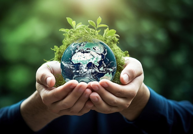 Ai generative Hands Holding Globe Glass Concept ambientale concetto della Giornata Mondiale della Terra