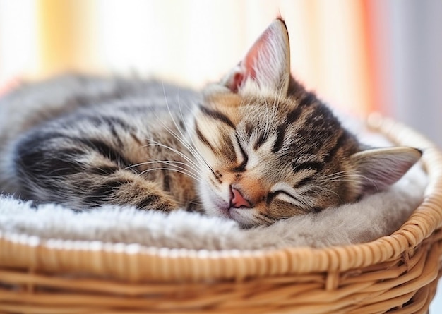 AI generativo Carino gattino tabby che dorme in un cesto