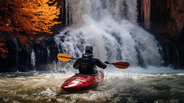 AI generativo kayak zattera fiume cascata concetto di sport estremo kayak in acque bianche