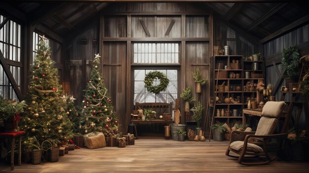AI generativo Natale interno sfondo rurale Laboratorio rustico di Babbo Natale