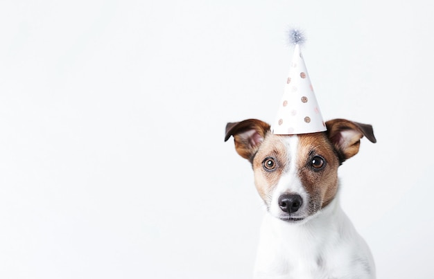 AI generativo Puppy Jack russell in cappello di compleanno su sfondo bianco