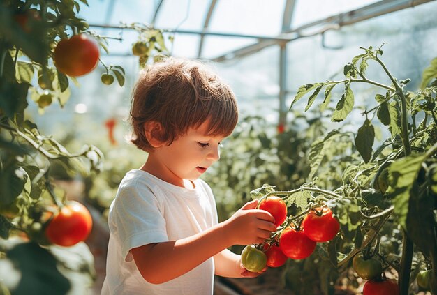 Ai generativo Ragazzo del bambino che si diverte in una serra