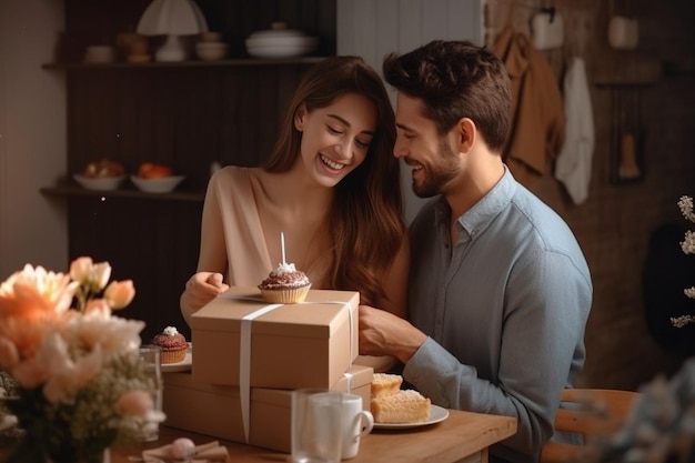 AI generativo Regalo donna uomo coppia felice amore felicità presente sorpresa romantica sorridente insieme