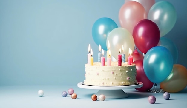 Ai generativo Torta di buon compleanno con decorazione di palloncini colorati