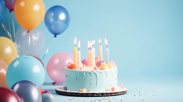 Ai generativo Torta di buon compleanno con decorazione di palloncini colorati