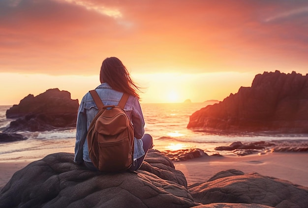 Ai generativo Una giovane ragazza si siede su una roccia vicino al mare al tramonto