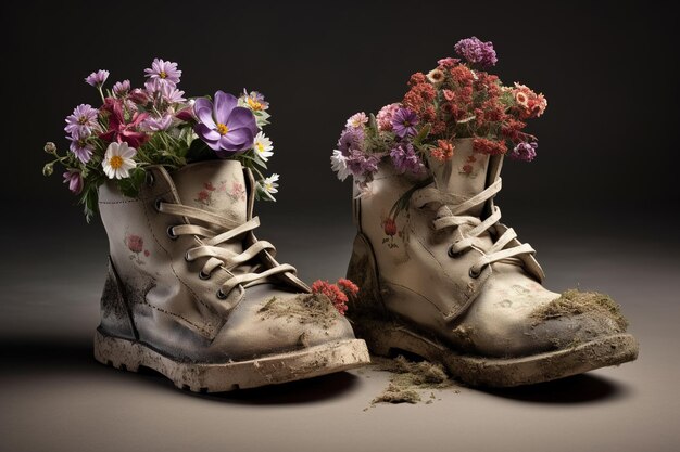 AI generativo Vecchio stivale con prato fiori primaverili piantatrice di scarpe fatta a mano Attivismo ambientale