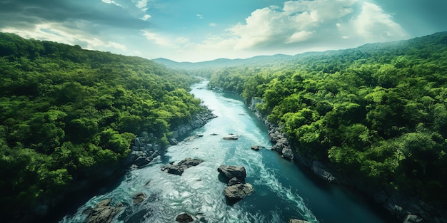 AI generativo verde bellissimo paesaggio della giungla amazzonica con alberi e vista sul drone del fiume