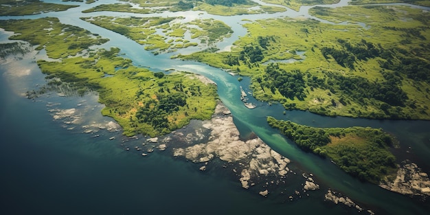 AI generativo verde bellissimo paesaggio della giungla amazzonica con alberi e vista sul drone del fiume