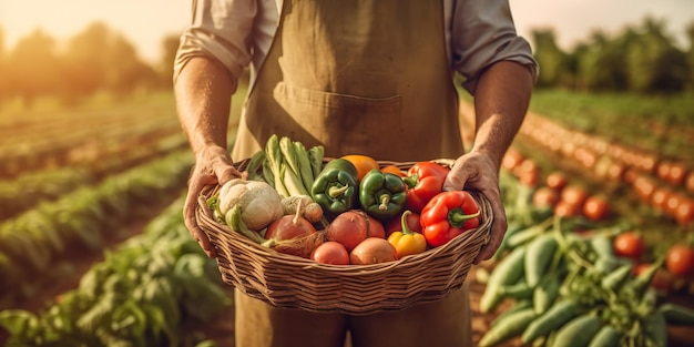 AI generato AI Generative Farmer raccoglie le mani tenendo frutta e verdura