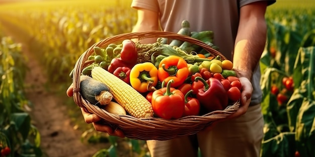 AI generato AI Generative Farmer raccoglie le mani tenendo frutta e verdura