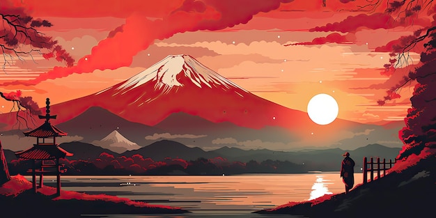 AI generato AI Generative Retro Vintage rotocalco illustrazione del Giappone Fuji Mountain Adventure atmosfera