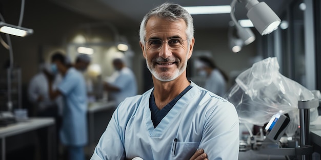 AI Generato AI Generativo Adulto uomo medico dentista ritratto facciale sul posto di lavoro Centro ospedaliero di assistenza sanitaria Illustrazione grafica