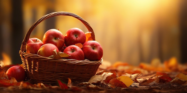 AI generato AI generativo Autunno autunno mele rosse biologiche fresche in cestino di legno Illustrazione di arte grafica