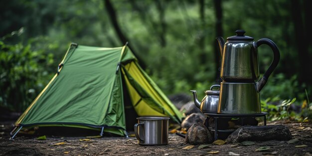 AI Generato AI Generativo Campeggio falò all'aperto fuoco da campo cibo tè cucina riposo relax