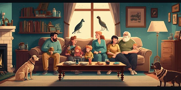 AI generato AI generativo Cartoon stile accogliente casa grande famiglia illustrazione Happy vibe holiday