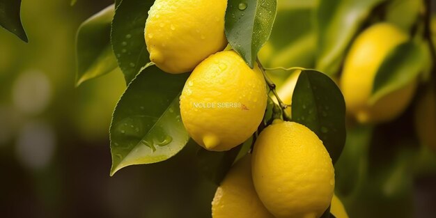 AI Generato AI Generativo Coltivazione biologica grezza fresca coltivazione di limoni gialli sul ramo verde dell'albero