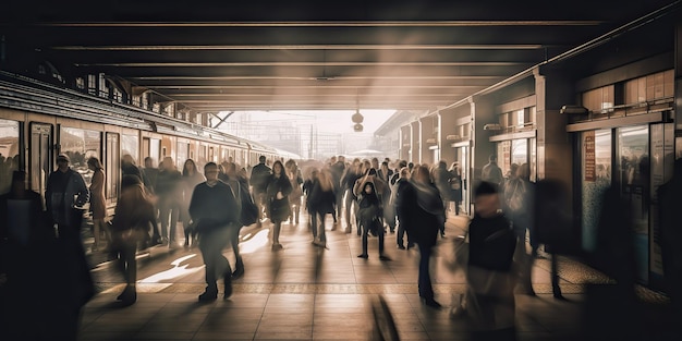 AI Generato AI Generativo Folla di persone alla stazione ferroviaria all'ora di punta Muovi il movimento Graphic Art