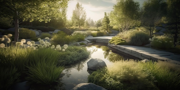 AI Generato AI Generativo Foto illustrazione realistica del giardino scandinavo di pace calma meditazione