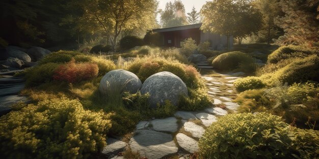 AI Generato AI Generativo Foto illustrazione realistica del giardino scandinavo di pace calma meditazione