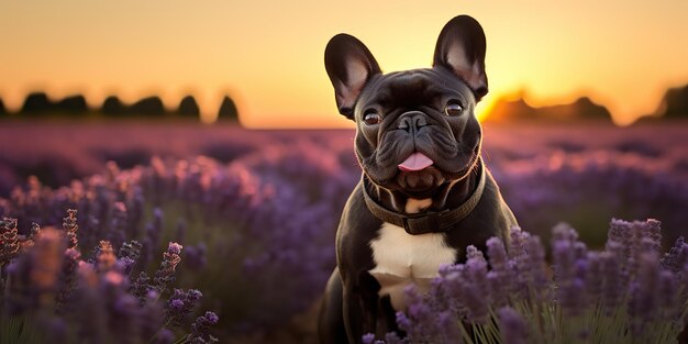 AI generato AI generativo Frenchie cane bulldog francese ritratto del viso carino al campo di lavanda