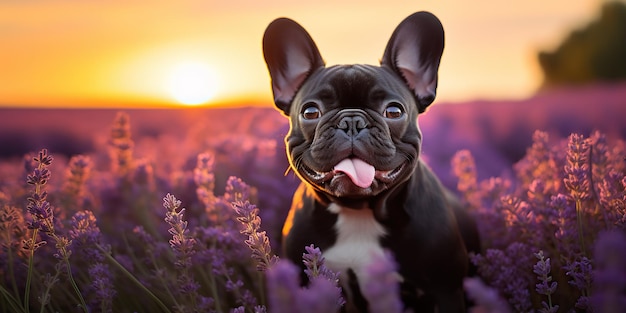 AI generato AI generativo Frenchie cane bulldog francese ritratto del viso carino al campo di lavanda