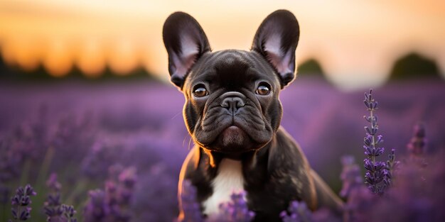 AI generato AI generativo Frenchie cane bulldog francese ritratto del viso carino al campo di lavanda