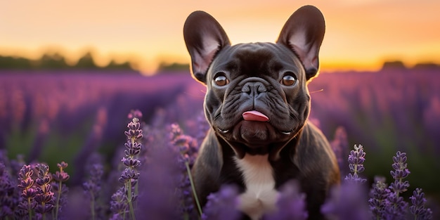 AI generato AI generativo Frenchie cane bulldog francese ritratto del viso carino al campo di lavanda