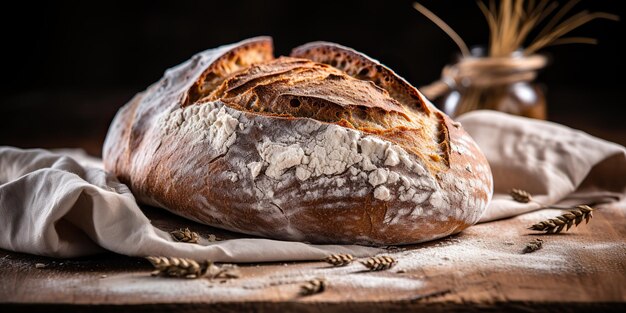 AI Generato AI Generativo Fresco pane di grano di panetteria biologico al forno su tavolo di legno Vibrazione accogliente della cucina Arte grafica